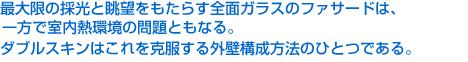 最大限の採光と眺望をもたらす全面ガラスのファサードは、一方で室内熱環境の問題ともなる。ダブルスキンはこれを克服する外壁構成方法のひとつである。