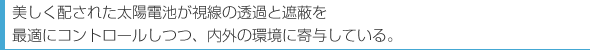 美しく配された太陽電池が視線の透過と日射の遮蔽を最適にコントロールしつつ、内外の環境に寄与している。