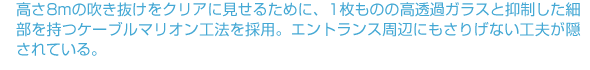 高さ8mの吹き抜けをクリアに見せるために、1枚ものの高透過ガラスと抑制した細部を持つケーブルマリオン工法を採用。エントランス周辺にもさりげない工夫が隠されている。