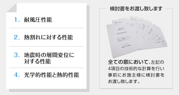 1.耐風圧性能|2.熱割れに対する性能|3.地震時の層間変位に対する性能|4.光学的性能と熱的性能|検討書をお渡し致します|全ての窓において、左記の4項目の技術的な計算を行い、事前にお施主様に検討書をお渡し致します。