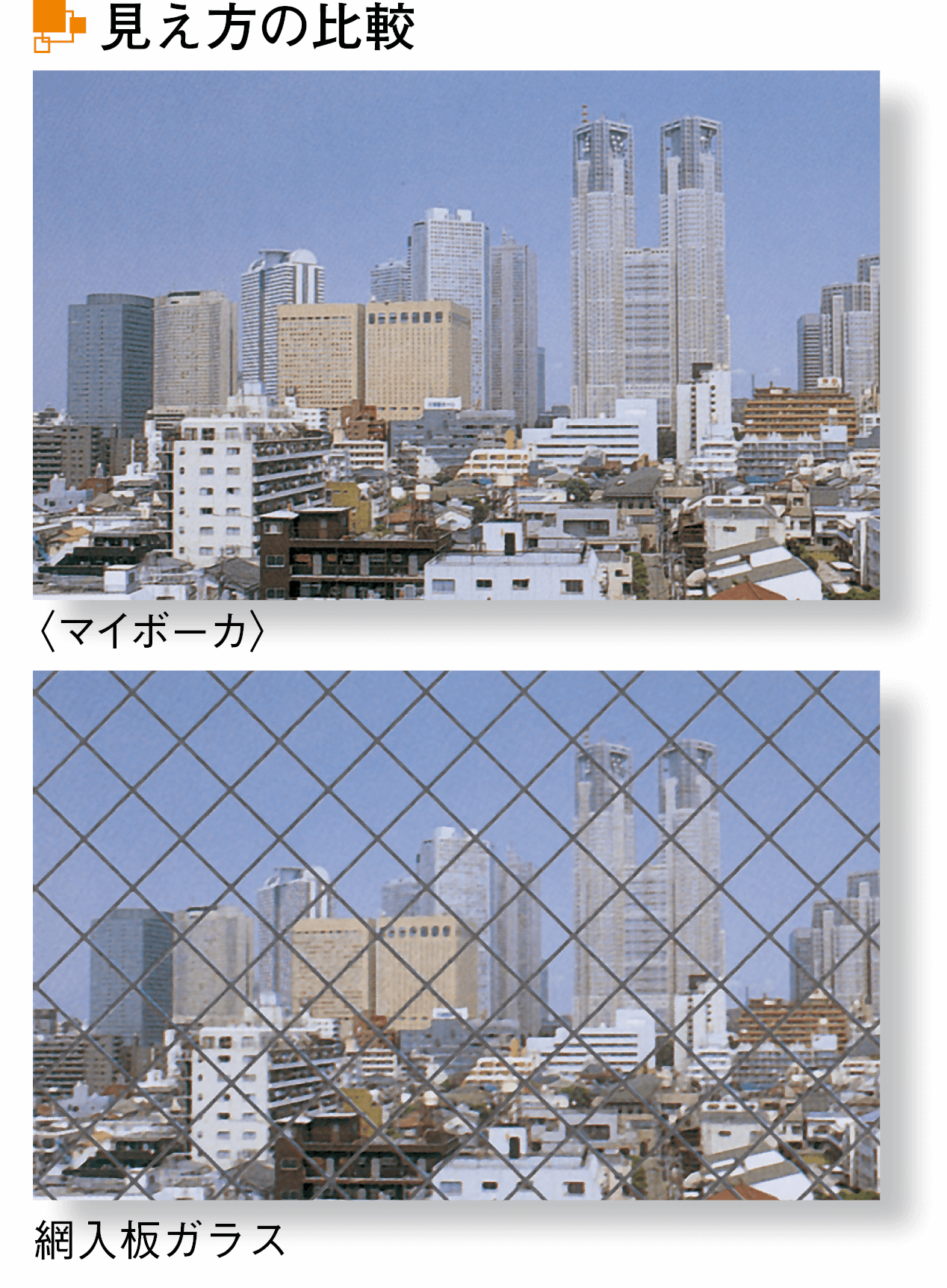 写真：マイボーカと網入板ガラスの見え方の比較