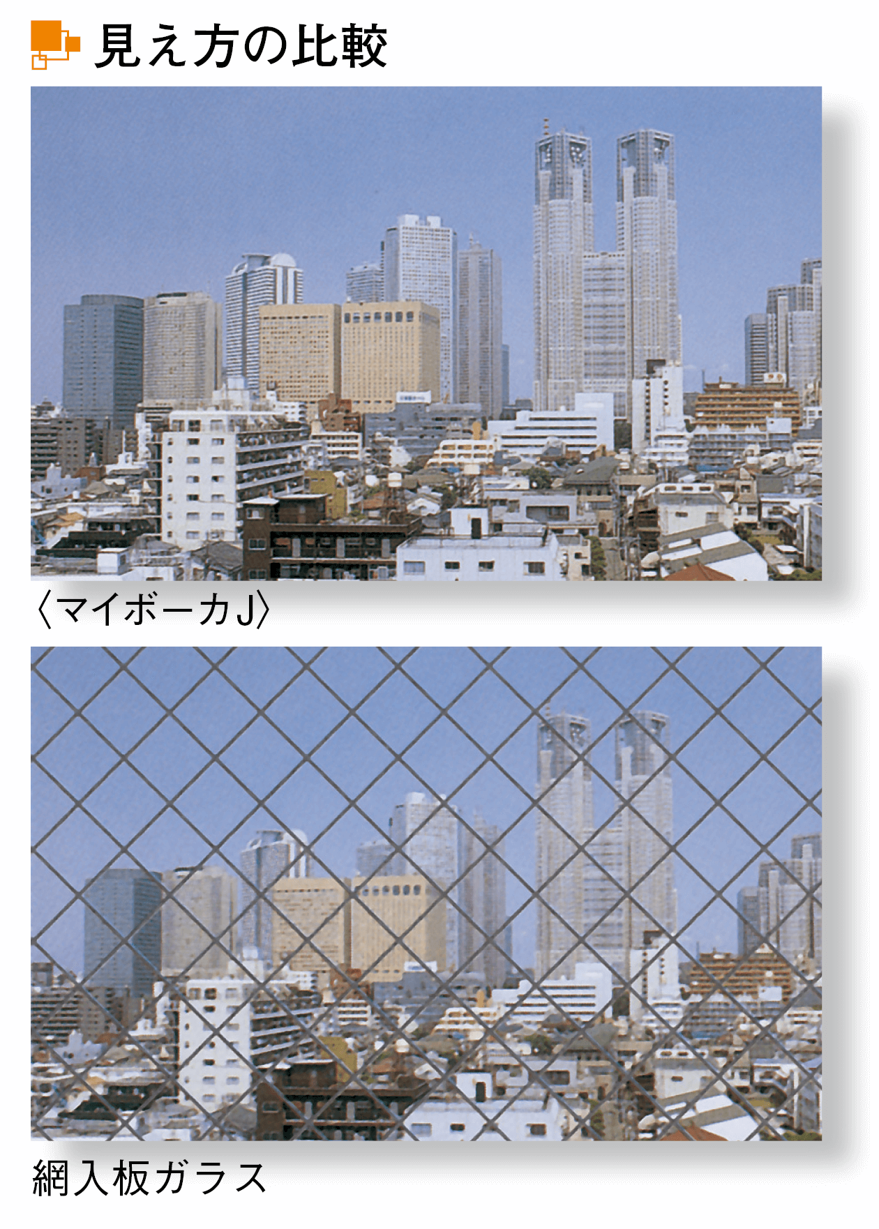 写真：マイボーカ Jと網入板ガラスの見え方の比較