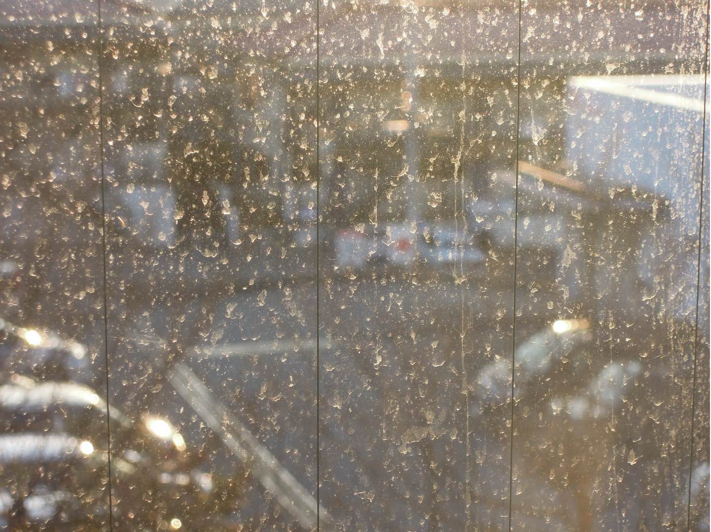 強い風雨の翌日にガラス外側表面に付着した砂粒